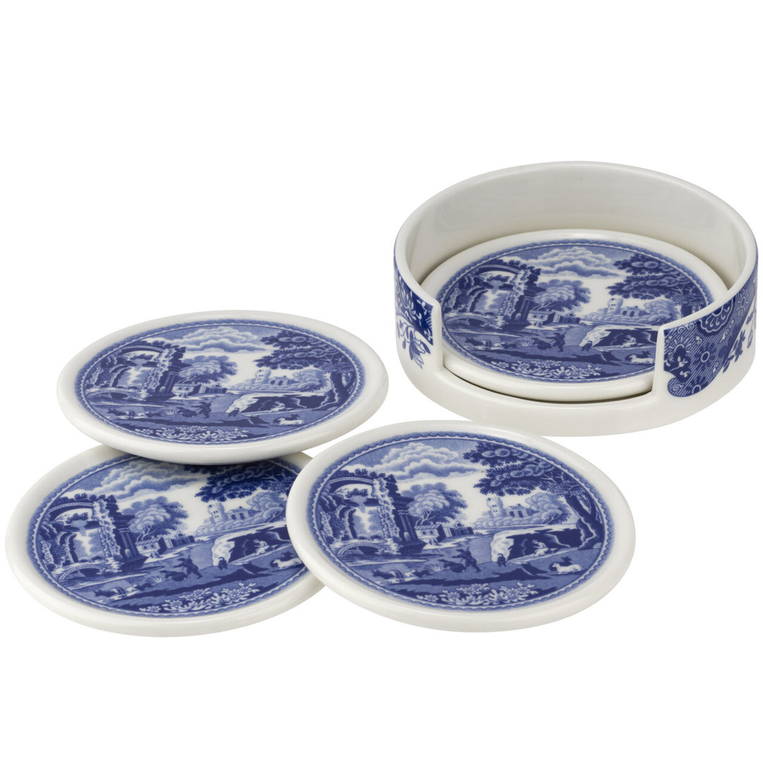 Spode Blue Italian Ceramic Coaster St W/Hldr (Set of 4) Spode
