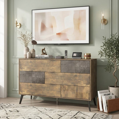 Commode cannelée en bois foncé 47 po à 6 tiroirs avec rangement à pousser, commode moderne sans poignée pour chambre à coucher ou chambre de bébé