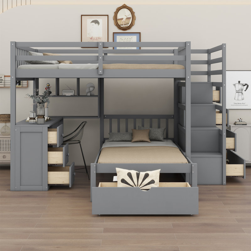 Lit superposé simple au-dessus de simple avec tiroirs Jennison pour enfants, Gris