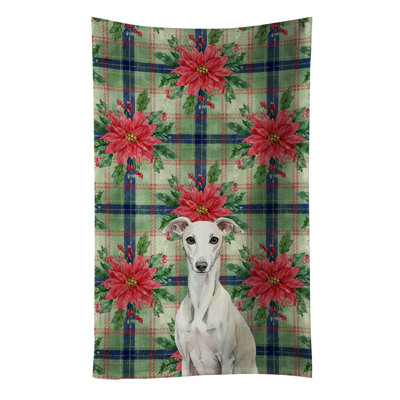 White Whippet Christmas PoinsettIas Kitchen Towel