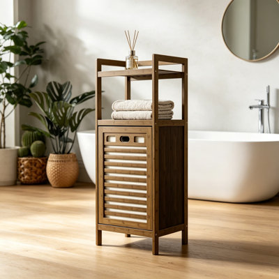 Tilt Out Laundry Hamper, Bamboo Bathroom Cabinet with Pull Out Removable Bag and 2 Tier Storage Shelves, 10 Gal Clothes Basket with Metal Handle