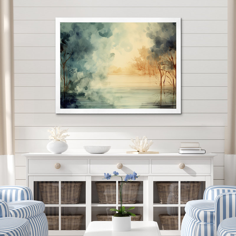 Coucher de soleil sur le lac, reproduction d'art rétro sur toile, H 34 po x l 44 po x P 1,5 po, Cadre photo blanc