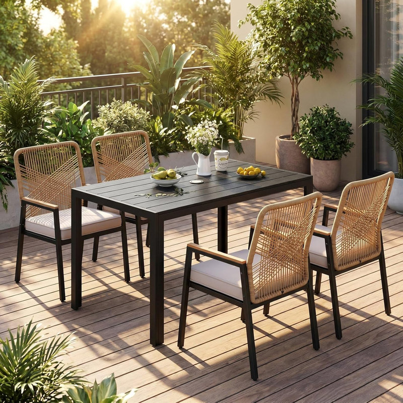 Patio Dining Set with, Beige Cushion/Natural Wood Frame