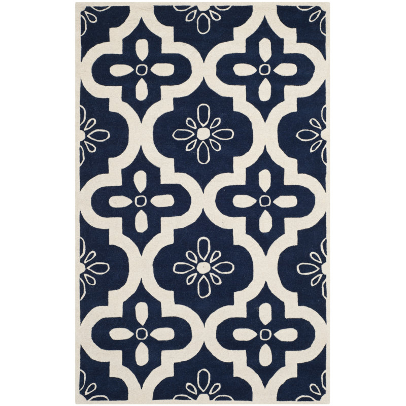 Tapis bleu foncé / ivoire en laine touffeté à la main Carolene, Rectangle de 3 pi x 5 pi