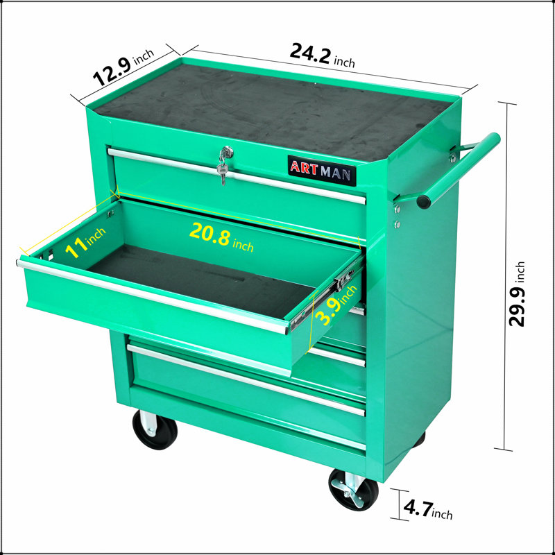 Coffre à outils à 5 tiroirs avec système de verrouillage et 4 roues pour un rangement sécuritaire et mobile dans le garage, VERT