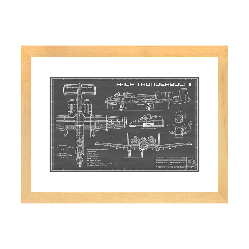 A-10 Thunderbolt II-imprimé de dessin, Blanc, H 24 po x l 32 po x P 1 po, Toile avec cadre en bois beige
