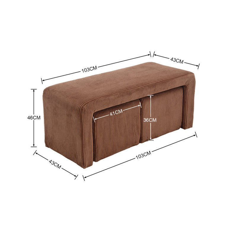 41" W 3-Pieces Upholstered Faux Fur Modern Bench, Nesting Ottoman Bench Set For Living Room Or Bedroom, No Assembly, Brown