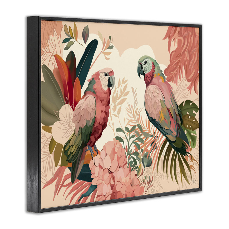 Perroquet rose et feuilles, estampe numérique encadrée par Fab Funky, Giclée encadrée noir minuit, H 16 po x l 20 po