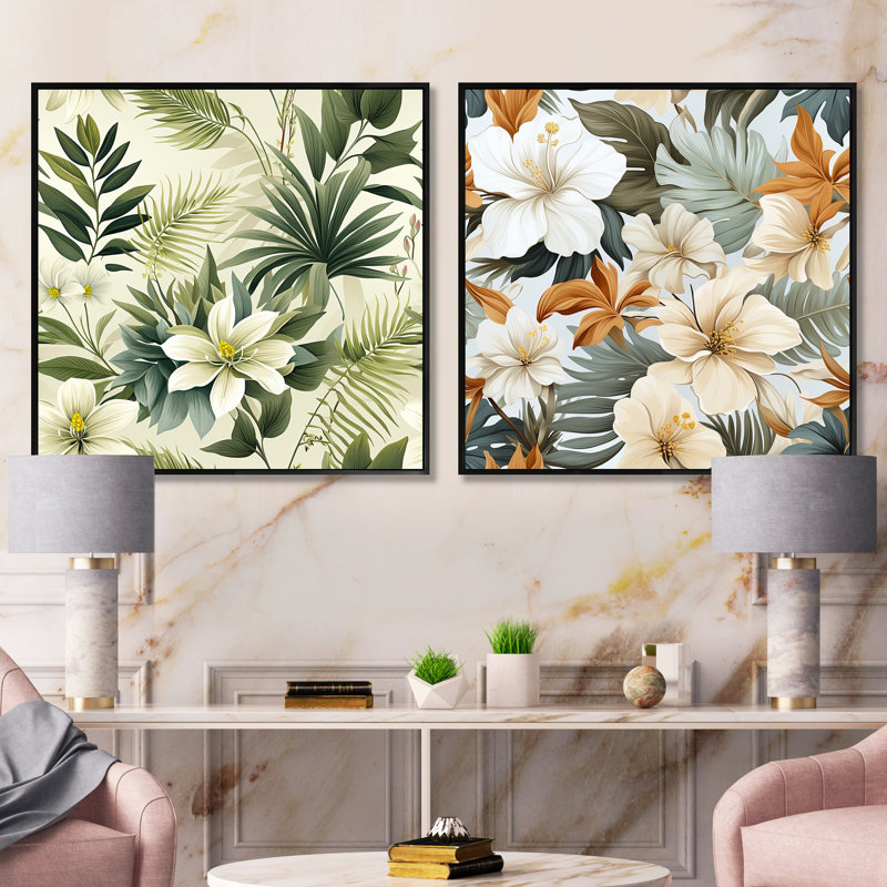 Serene Jungle III - Ensemble de 2 collages carrés floraux et botaniques, Cadre flottant noir, H 36 po x l 73 po
