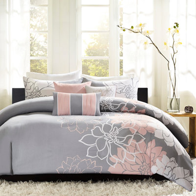 Housse de couette 6 pièces pour très grand / très grand lit, coton avec fleurs imprimées, coussins décoratifs brodés, cravate d'angle, très grand lit lavable et froissé, housse florale, fermeture à boutons, vapeur