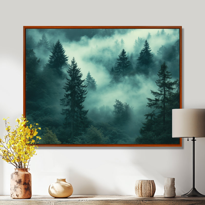 «Teal Mist Woodland I», art mural forêt verte, H 34 po x l 44 po, Cadre flottant brun