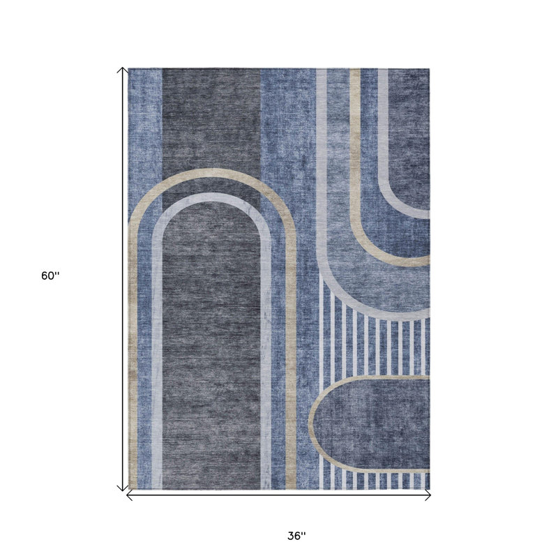 3' X 5' Blue and Black Abstract Washable Indoor Outdoor Area Rug