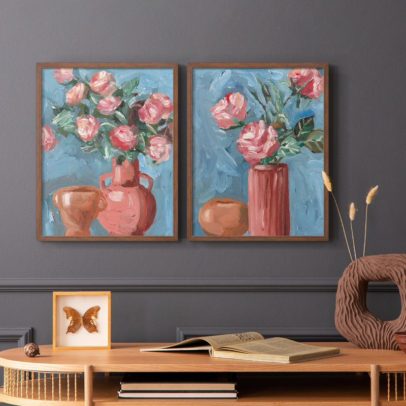 Impression encadrée Rosa Blooms I-Premium - prête à être accrochée - aucun clou requis - aucun clou requis, Noyer