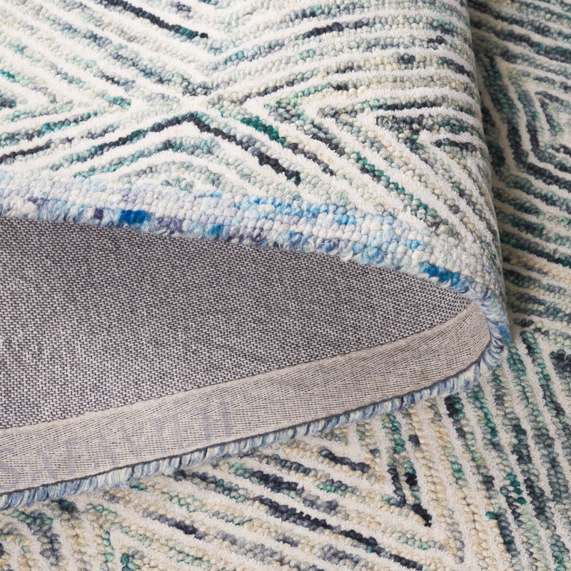 Tapis géométrique bleu / ivoire en laine touffetée à la main de la personne, Rectangle de 5 pi x 8 pi