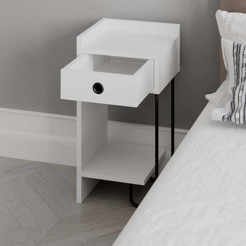 Jan Versatile Modern Bedside Table with Drawer and Open Shelf, White, Left Orientation