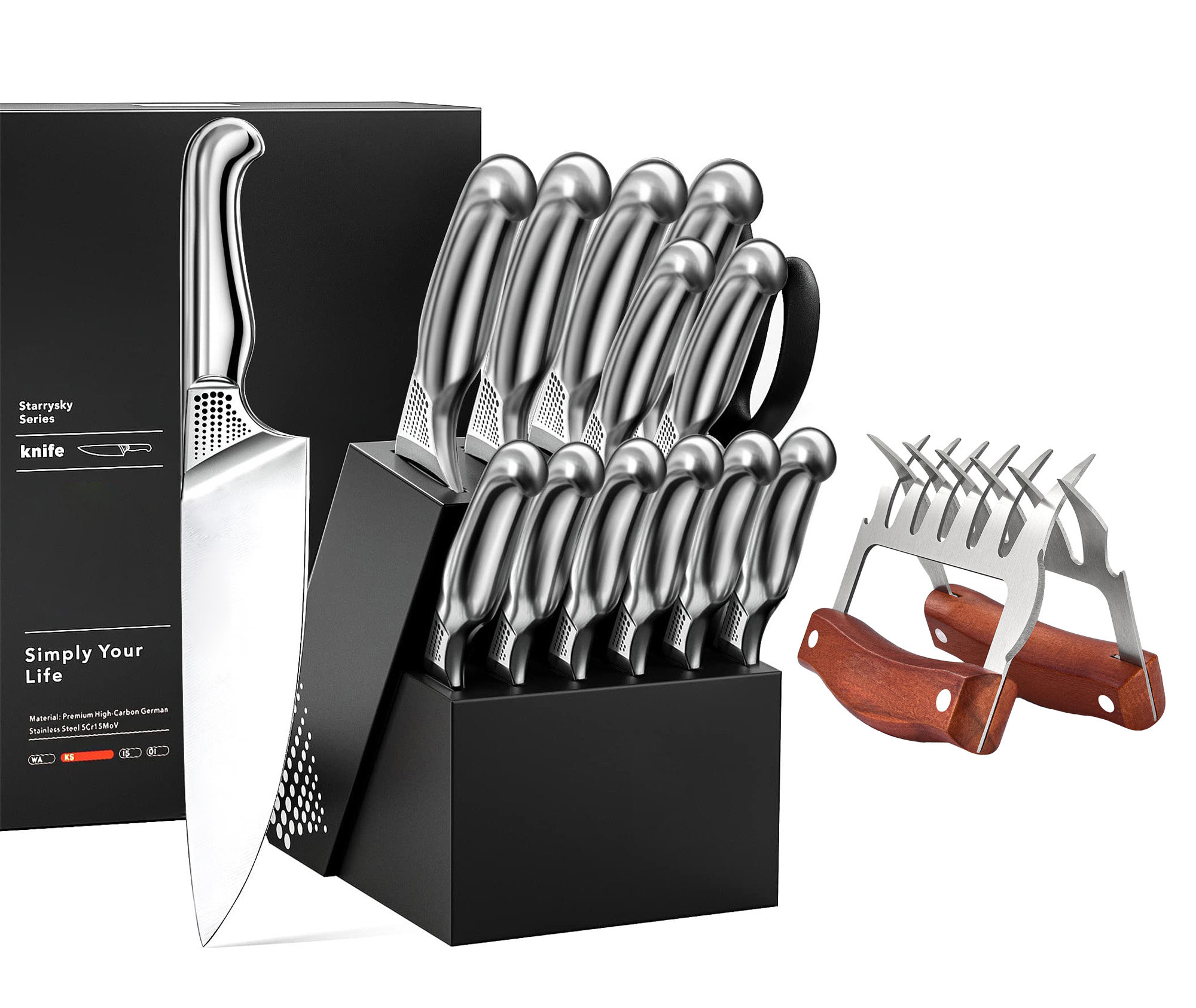 ASETY Knife Set, 15 PCS Kitchen Knife Set with Built-in Knife Sharpener  Block, German Stainless