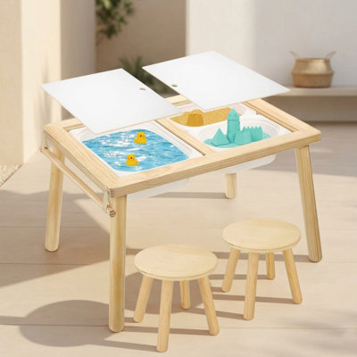WINGYZ® Kids Sensory Table  Sand Water Play Table  And Chair Set With 3 Storage Bins 1 Paper Roller – Solid Wood Activity Table With 2 Stools For Play, Study, And Art