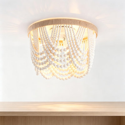Plafonnier encastré bohémien en bois perlé, mini-lustre rustique antique avec finition blanche, homologué UL 3 lumières pour la chambre à coucher, la chambre de bébé, le couloir, le vestibule, la salle à manger