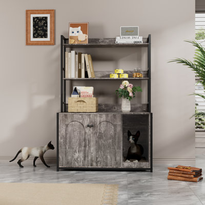 Large Cat Litter Box Enclosure With Shelf Storage And Scratch Pad - Wooden Hidden Cat Washroom Furniture Cabinet With 2 Doors (Grey) | Gift Idea