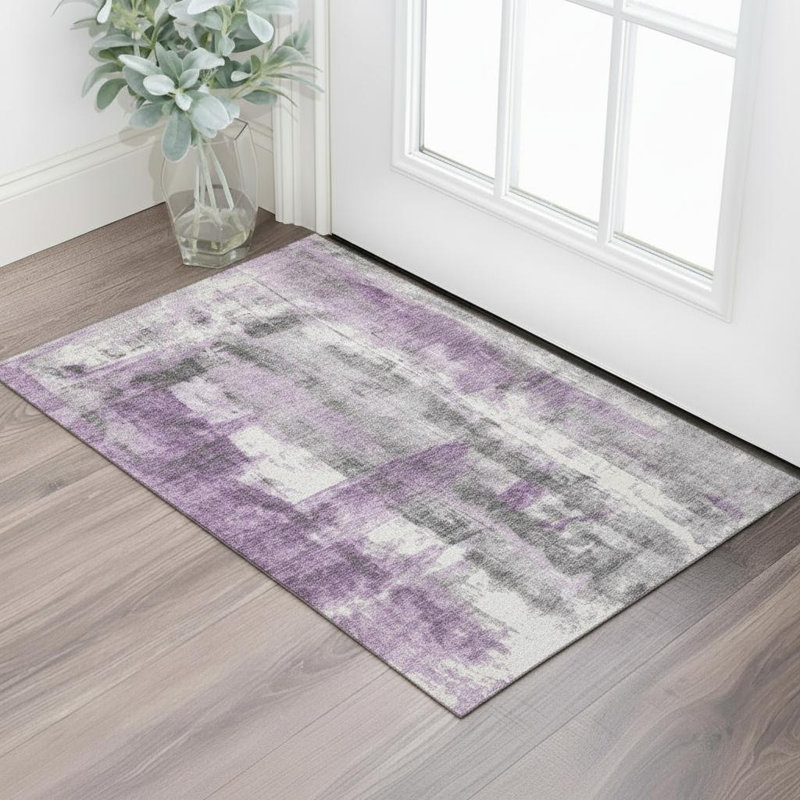 3' X 5' Purple Charcoal And Ivory Abstract Washable Area Rug With UV Protection