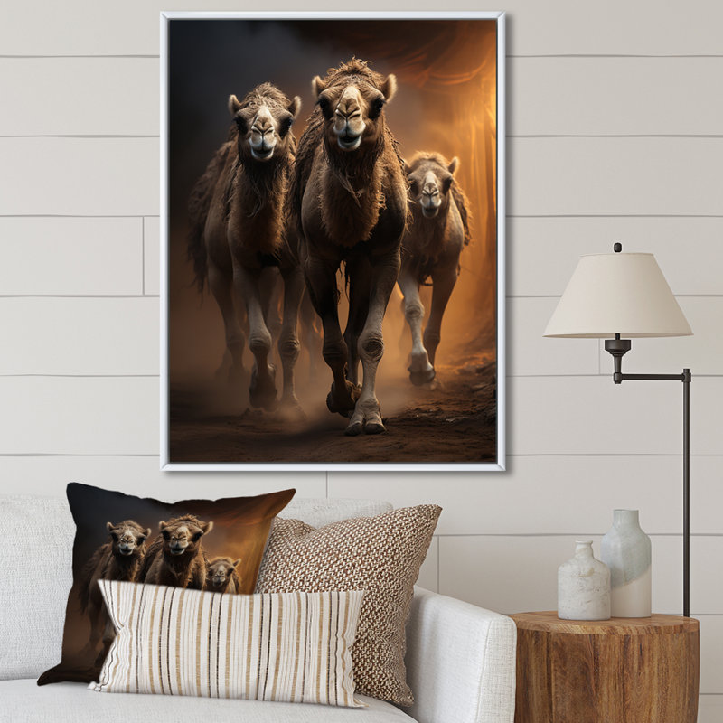 Keerthana Camels Desert Symphony - impression, H 44 po x l 34 po x P 1,5 po, Cadre flottant blanc