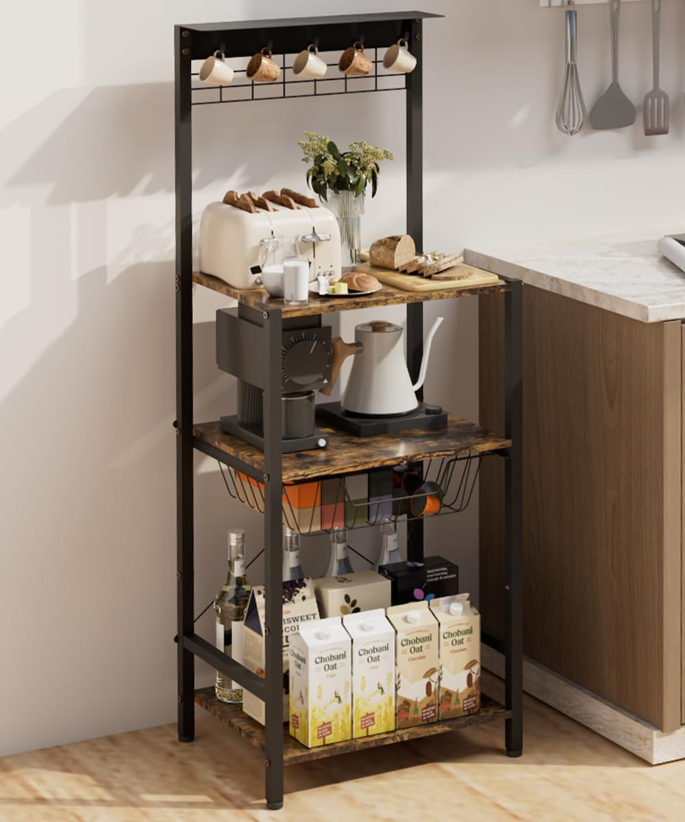 17 Stories 4 Tier Coffee Bar Station, Corner Bakers Rack With 5 Hooks ...