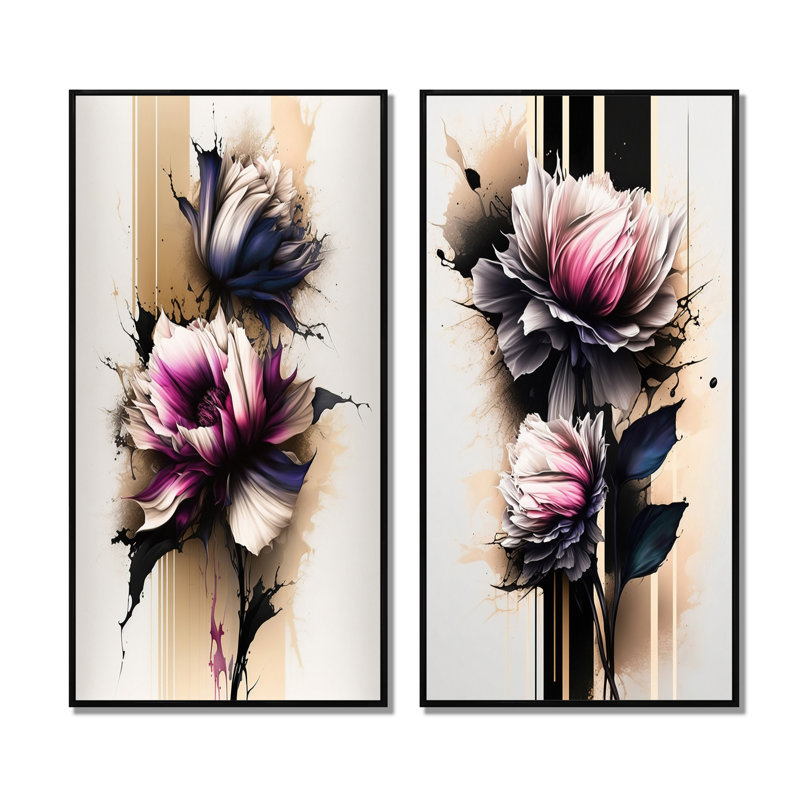 «Pink Dahlia Flower On Abstract Fusion», 2 pièces sur toile, Cadre noir, H 40 po x l 40 po