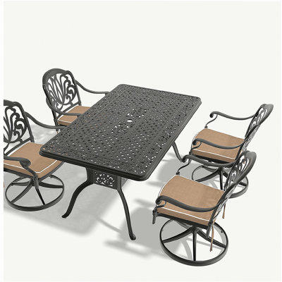 Ensemble de salle à manger 5 pièces en aluminium coulé résistant aux intempéries, comprenant 4 chaises pivotantes et une table rectangulaire avec cadre noir (même SKU: W1710S00459)