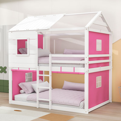 House-Shaped Bunk Bed With Sturdy Wooden Frame And Tent