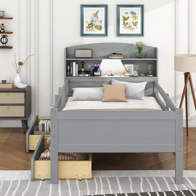 Multi-functional Wood Twin Size Platform Bed with Built-in LED Light,Guardrail and Drawers, Gray