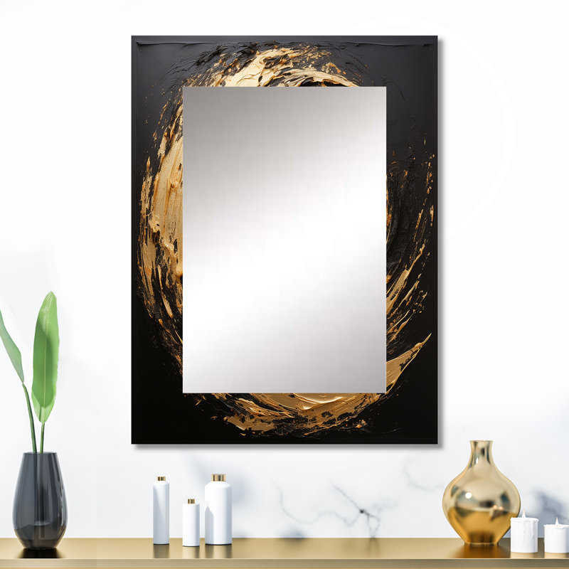 Collage en spirale abstraite dorée et noire - miroir unique de collages abstraits, grand miroir mural moderne, 32 po x 24 po