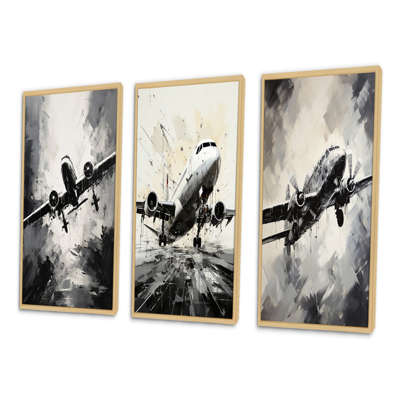 «Avion monochromatique planant» - 3 pièces, Cadre naturel flottant, H 28 po x l 36 po