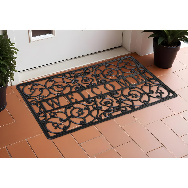 30" Black Rubber Scrollwork Welcome Outdoor Door Mat