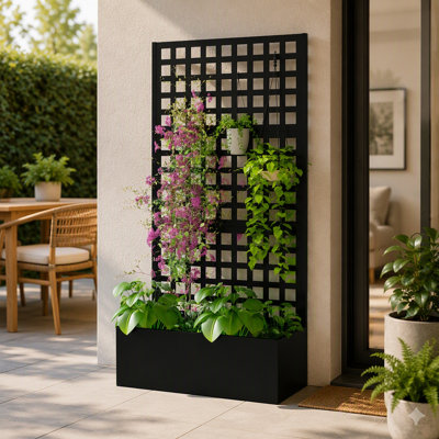 70" Tall Raised Garden Bed with Trellis, Galvanized Metal Planter Box with Drainage Holes, Outdoor Privacy Screen for Climbing Plants, Vegetables, and