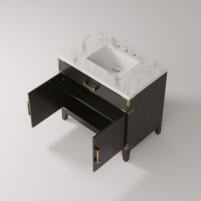 Meuble-lavabo simple en chêne noir avec plateau en marbre de Carrare, H 34,12 po x l 22 po x P 36 po