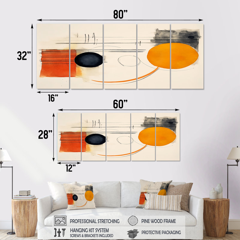 Lune orange abstraite, minimalisme rétro - art mural abstrait 5 pièces, H 28 po x l 60 po