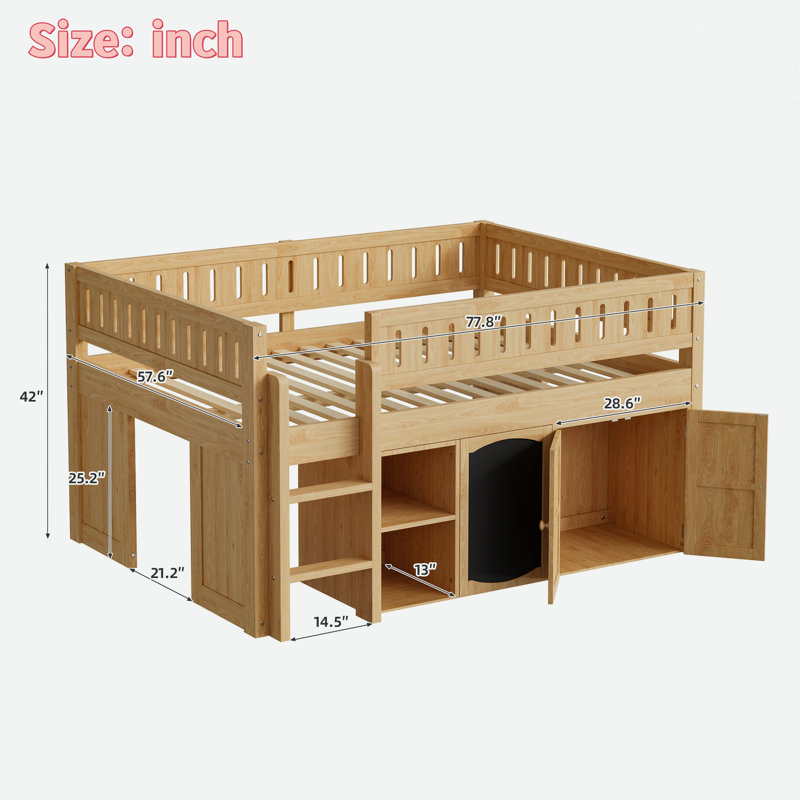 Lit mezzanine avec armoire à deux portes, tablettes ouvertes et panneau noir, Naturel / naturel