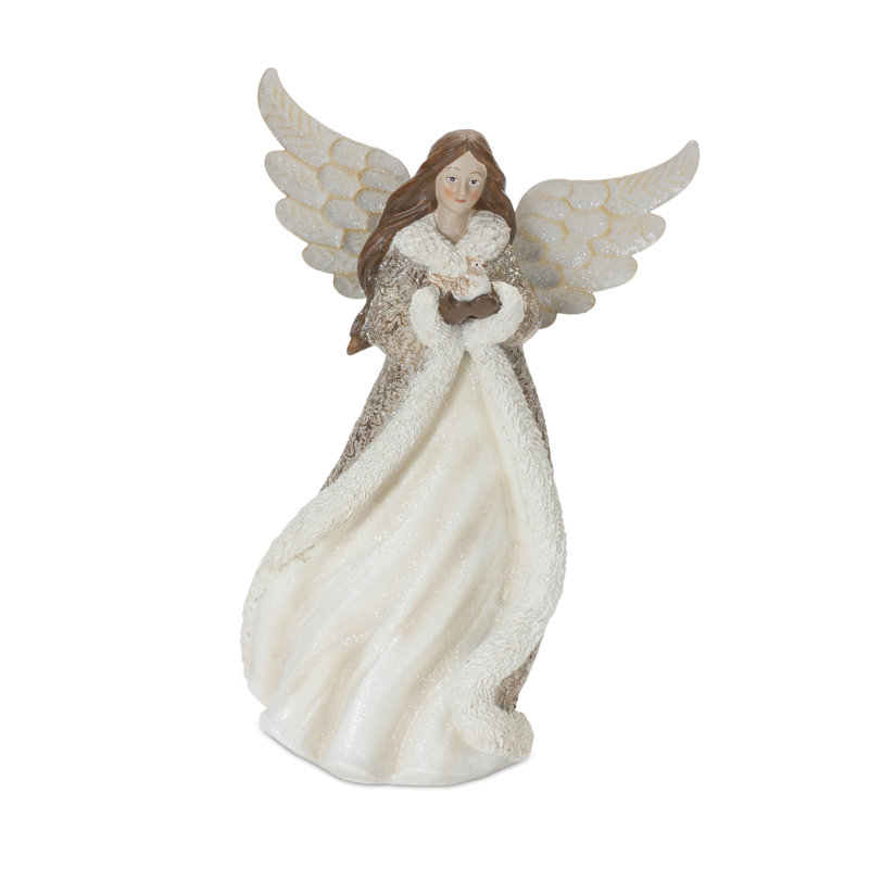 Figurine ange d'hiver avec décor d'oiseau (ensemble de 2)