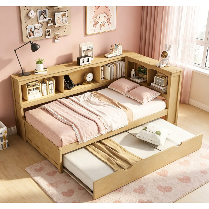 Lit de jour simple avec lit gigogne, armoires de rangement et ports USB, blanc, conception compacte et fonctionnelle pour les chambres modernes