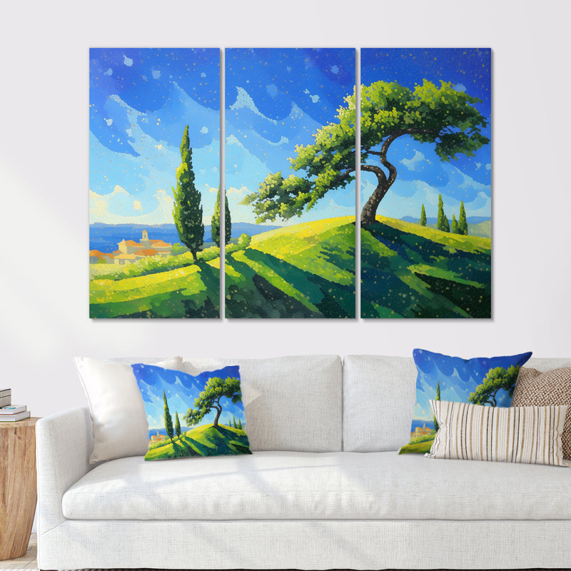 «The Swaying Cypress Pointillism Reimagined I - Van Gogh», ensemble d'art mural, H 28 po x l 36 po, Toile tendue