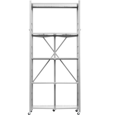 Grey 5 Foldable Organizer Shelf With 5 Swivel Wheels 2 Brakes Quick Setup No Tools 750 Lbs Static Load 360 Rotation For Small Spaces And Temporary Use Folding Easy Mobility On Floors Assembly Q235a