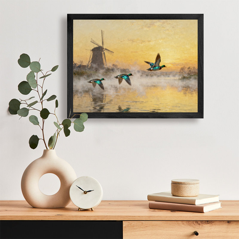Reproduction d'art encadré noir, oiseaux volants sur la mer, style rétro, H 9 po x l 11 po