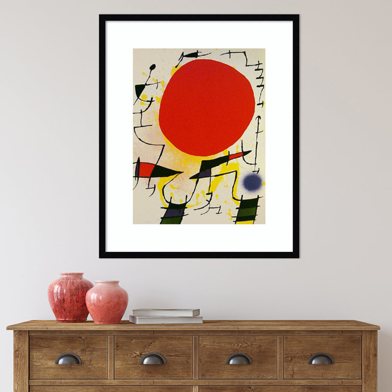 Le Soliel Rouge par Joan Miro, reproduction d'art sur papier encadrée, H 34 po x l 28 po, Papier encadré en noir