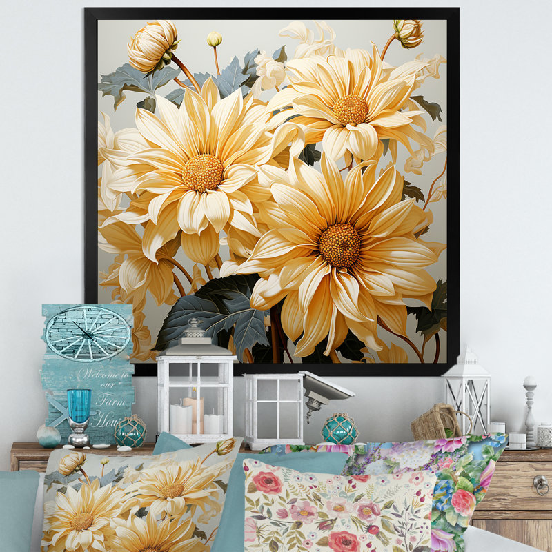Tournesols gris et jaunes doux - impression, Cadre simple noir, H 16 po x l 16 po x P 1 po