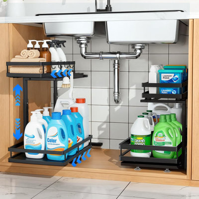 2-Pack Dual-Rail Ball-Bearing Under Sink Organizer – 6-Level Adjustable Cabinet Storage, Matte Black, No-Drill