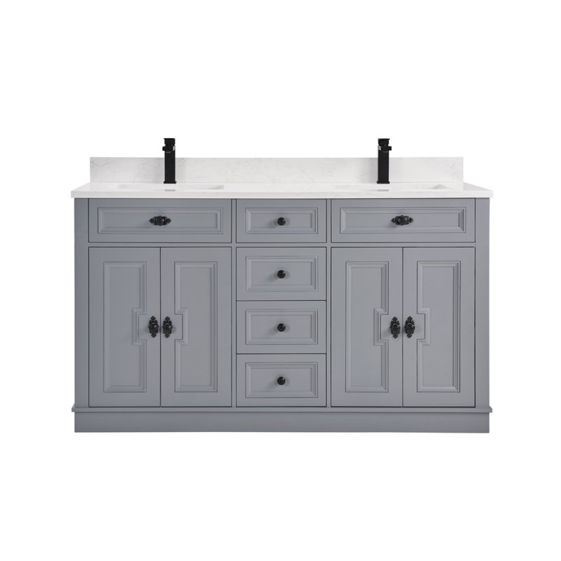 Meuble-lavabo double 60 po en bois massif avec plateau en marbre d'ingénierie 1 po, Noir, noir, noir, noir, Cadet