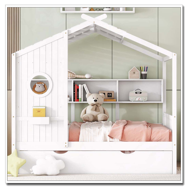 Lit double en bois avec lit gigogne, Blanc