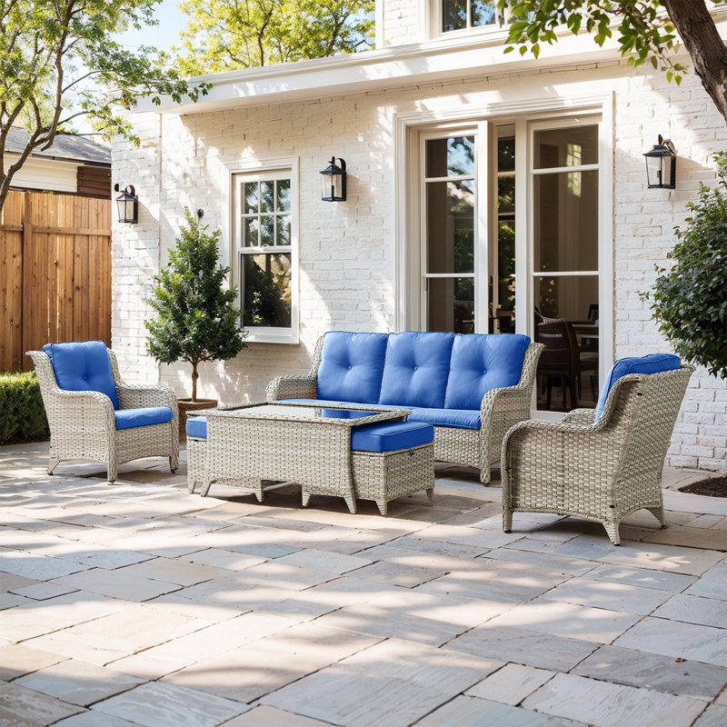 Schutt Wicker 5 - Person Patio Conversation Set with Cushions, Navy Blue