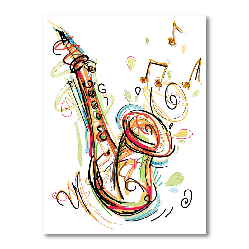Musique, saxophone, dessin abstrait II - peinture, H 32 po x l 16 po x P 1 po, Toile tendue