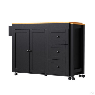 Îlot de cuisine 74,8 po K&K avec table de salle à manger extensible, chariot de rangement de cuisine avec 3 tiroirs, prise de courant, îlot de cuisine sur roulettes avec support à épices et armoire à 2 portes, pour la cuisine